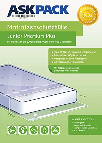 ASK Pack Bolsa de Colchón Junior Premium para un Colchón de 90cm de Ancho / 25cm Grosor/y hasta 220cm Largo - con Cierre Adhesivo - Reutilizable - Extra Fuerte 100µ