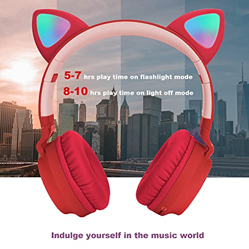 Auriculares Bluetooth para niños Auriculares inalámbricos de Oreja de Gato con luz LED Intermitente(Rojo)
