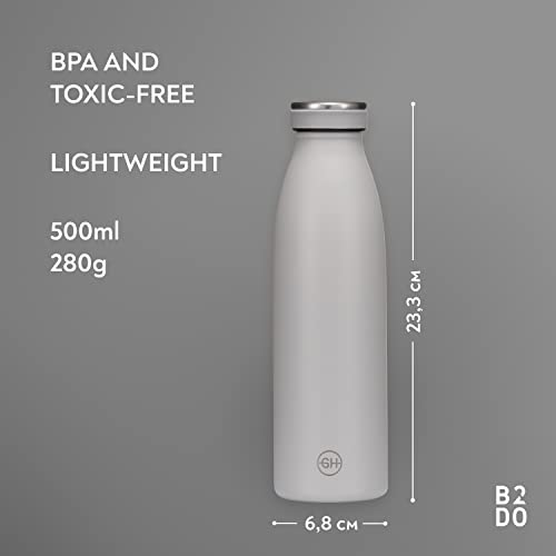 B2DO for GH Botella de Agua acero Inoxidable 500ml Gris Ahumado | Frasco de Agua de Metal Reutilizable | Botella Termica Doble pared al vacío | Botella de bebida Sin BPA, Antigoteo y ​Fugas