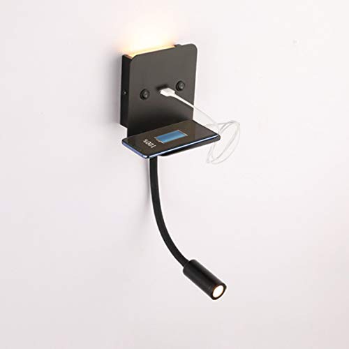 BarcelonaLED Lampara Aplique de pared LED de alumnio negro para lectura 6W con foco flexo 3W blanco calido orientable y base de carga USB para Dormitorio Cama Cabecero