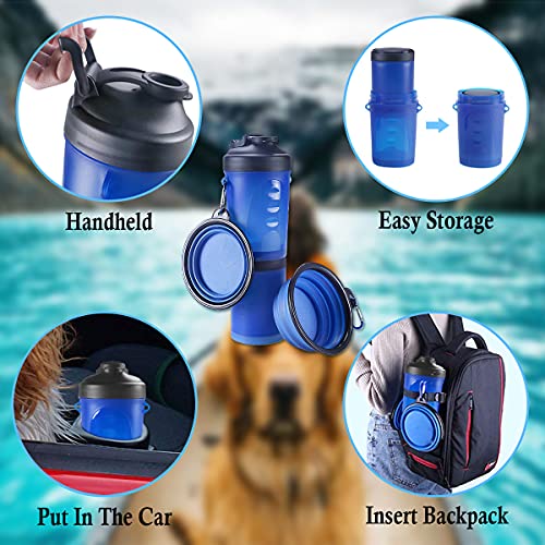Barrageon Botella de Agua para Perros 2 en 1 Envase de Comida para Mascotas con 2 Plegable Tazones Portatil Bebedero Dispensador  al Aire Libre Caminar Viajar Camping (Rosa)
