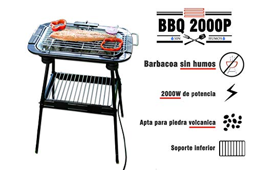 Bastilipo BBQ-2000P BBQ-2000P-Barbacoa electrica de Exterior-con patas-2000W de Potencia y Parrilla de 38 x 22cm-Barbacoa sin Humo-Fácil de Limpiar-2 Niveles de Altura y Bandeja recoje Grasas, Negro