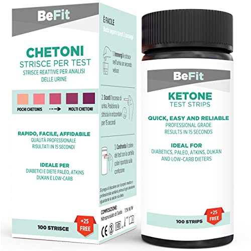 BeFit - Tiras para análisis de cetonas, ideales para seguir dietas cetogénicas (ayuno intermitente, paleo, Atkins), incluye 100 tiras + 25 gratis