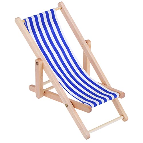 Bememo 2 Piezas 1:12 Silla de Playa de Madera Plegable de Miniatura Tumbona Mini Muebles Accesorios con Raya Roja/ Azul para Interior Exterior