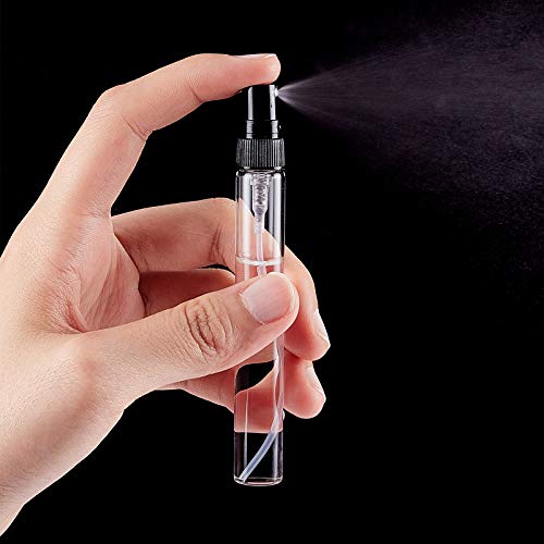 BENECREAT 25PCS 10ml Mini Botella de Spray de Niebla Fina Atomizador Vacías de Viaje de Vidrio Transparente con Tapa de Bomba Negra para Perfume, Artículos de Tocador, Cosméticos