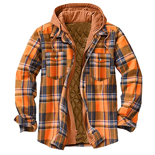 Beudylihy Sudadera con capucha para hombre, camisa térmica de franela de invierno, forro polar, camisa de leñador, camisa de trabajo, chaqueta clásica con capucha, tallas S hasta 5XL, naranja, XXXXL