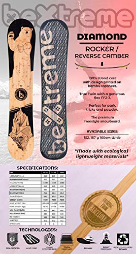 Bextreme Tabla Snowboard Freestyle Diamond 2020. Eco-Board de Bambu, Haya y álamo. Medidas Tabla 152, 157 y 160cm. Snow para Hombre y Mujer