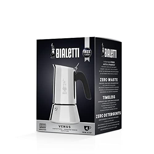 Bialetti - Nueva Venus de Inducción, Cafetera Italiana para Espressos de Acero inoxidable, adecuado para todo tipo de Placas, 2 Tazas de café (90 Ml), Aluminio y Plata