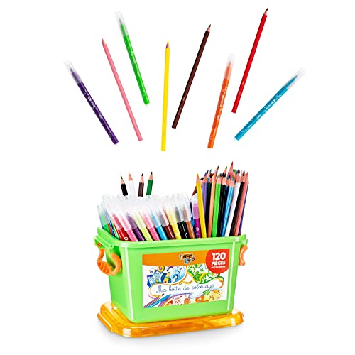 BIC Kids Colouring Set, Lápices de Colores y Rotuladores para Niños en Colores Variados y Vibrantes, Caja de 120 Unidades, Incluye Caja de Almacenamiento