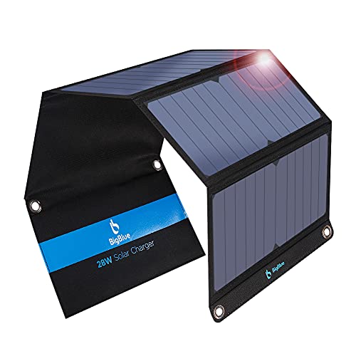 BigBlue 28W Cargador Solar Portátil, 2 Puertos USB y 4 Paneles Solares Impermeables con LCD Amperímetro Digital para Dispositivos USB Recargables, iPhone, Android, GoPro Etc