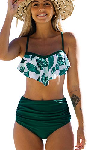Bikinis Mujer Top con Volantes Braga de Color Liso Traje de Baño Cintura Alta Control de Barriga