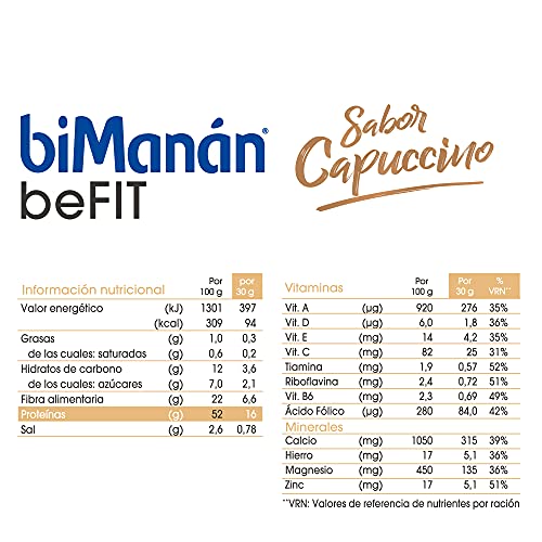 BiManán beFIT - Batido de Proteína Sabor Capuccino, para Tonificar tu Masa Muscular - 540g, 18 Raciones de 30g