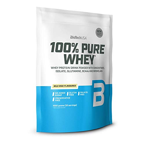 BioTechUSA 100% Pure Whey, Complejo de suero de leche con bromelina, aminoácidos, sin azúcar añadido, sin aceite de palma, 1 kg, Arroz con leche