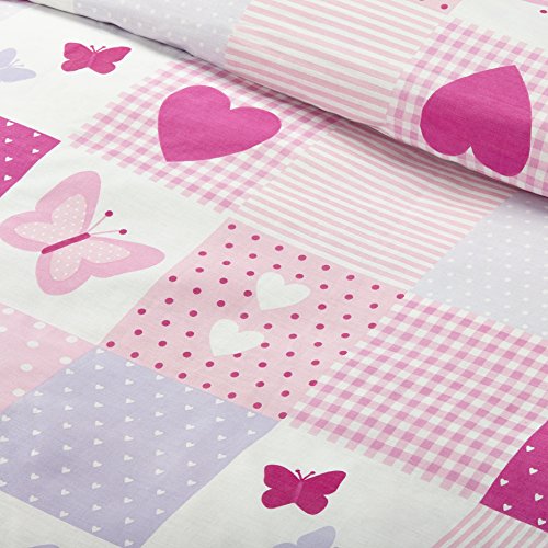 Bloomsbury Mill - Juego de cama para niño - Funda nórdica y funda de almohada 135cm x 200cm - Diseño patchwork de corazones y mariposas