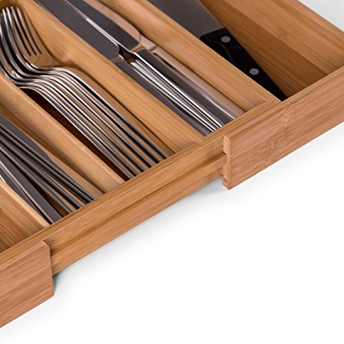 Blumtal Organizador de Cubiertos y cajones de Cocina de Bambú con Compartimentos Ajustables 5 a 7 compartimientos 29-45,5 x 33 x 5 cm