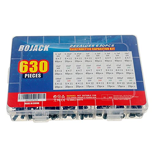 BOJACK 24 valor 630 piezas kit de clasificación de condensadores electrolíticos de aluminio El rango incluye 0.1uF-1000uF