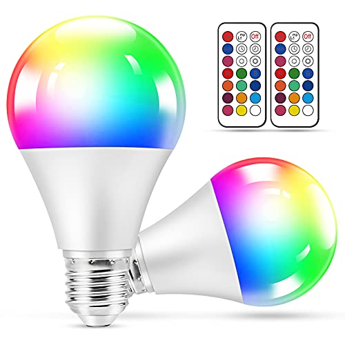 Bombillas LED de Color, 2 Piezas RGBW LED Bombilla Regulable Cambia de Color E27 10W con Control Remoto, Lámparas de Ambiente con Función de Memoria y Temporizador para Hogar, Decoración, Bar, Fiesta