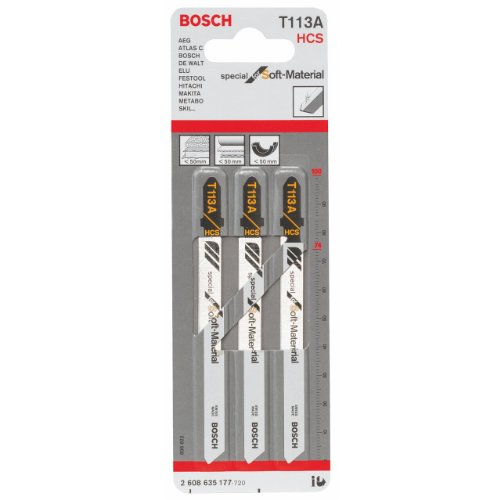 Bosch Professional 3x Hojas de sierra de calar T 113 A Special for Soft Material (para Cartón, espuma de poliestireno, alfombra, cuero, goma, accesorios Sierra de calar)