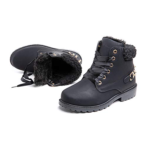 Botas Mujer Invierno Nieve de Cuero PU Zapatos Planas Calentar Piel Forro Cordones Botas Senderismo Snow Boots Outdoor Negro 39 EU
