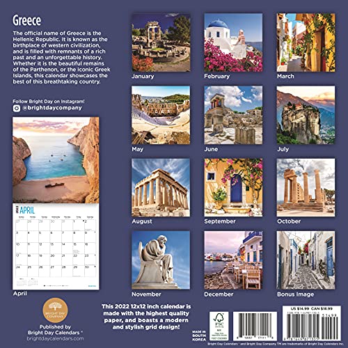 Bright Day - Calendario de pared para Grecia de 2022, 30 x 30 cm, destino europeo de viaje