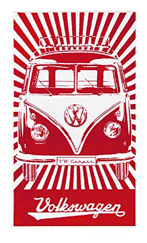 BRISA VW Collection - Volkswagen Furgoneta Hippie Bus T1 Van Gran Toalla de Algodón Suave para Baño, Playa y Sauna como Idea de Regalo/Camping/Outdoor/Souvenir (Rayas/Rojo&Blanco)