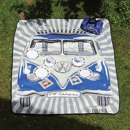 BRISA VW Collection - Volkswagen Furgoneta Hippie Bus T1 Van Manta de Picnic Grande con Bolsa de Transporte, Alfombra Plegable y Impermeable, Toalla para Playa/Outdoor/Camping/Regalo (Rayas/Azul)