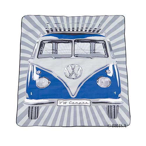 BRISA VW Collection - Volkswagen Furgoneta Hippie Bus T1 Van Manta de Picnic Grande con Bolsa de Transporte, Alfombra Plegable y Impermeable, Toalla para Playa/Outdoor/Camping/Regalo (Rayas/Azul)
