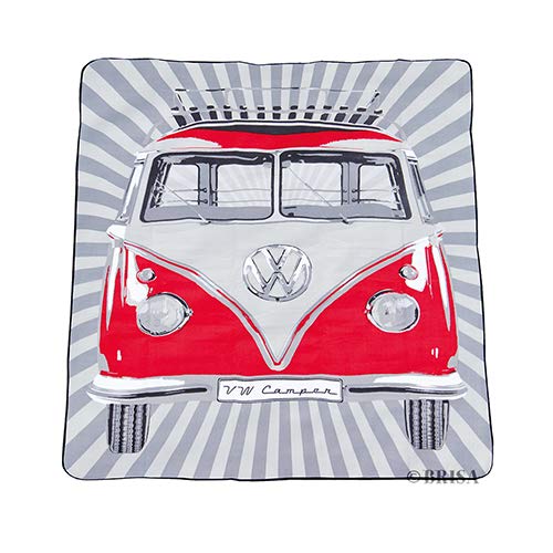 BRISA VW Collection - Volkswagen Furgoneta Hippie Bus T1 Van Manta de Picnic Grande con Bolsa de Transporte, Alfombra Plegable y Impermeable, Toalla para Playa/Outdoor/Camping/Regalo (Rayas/Rojo)
