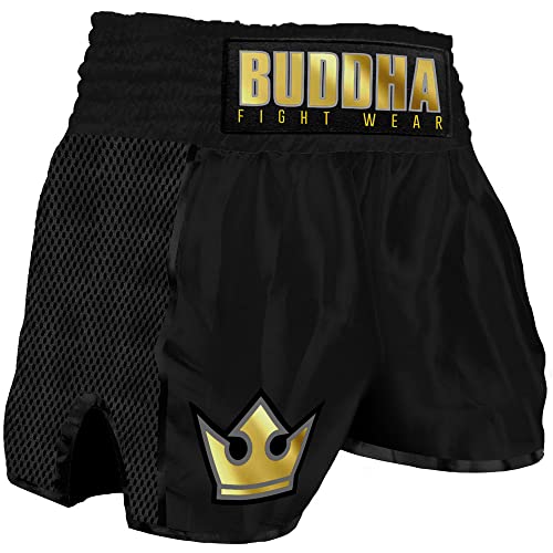 Buddha Fight Wear. Short Retro Premium Negro. Especialmente diseñado para el Kick Boxing, Muay Thai, K1 o Cualquier modalidad de Deportes de Contacto. Talla XL (70 a 80 Kgs)