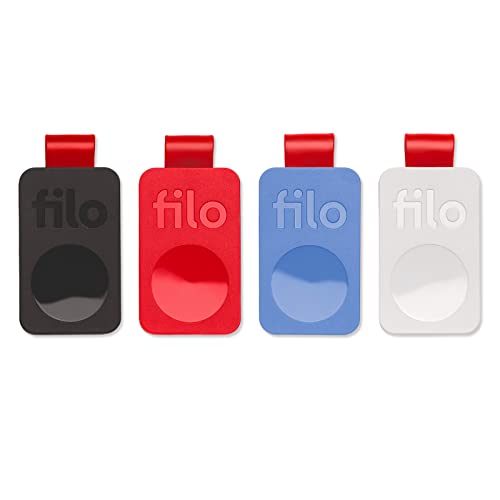Buscador de Llaves FiloTag. Regalo Tecnologico 2022. App iOS y Android. Alcance 80m. Batería sustituible. Funciona sin Tarjeta. 1 Paquete de 4 piezos: Negro, Azul, Blanco, Rojo. Made in Italy