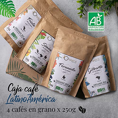☘️ Cafe En Grano Ecólogico 1kg | Granos de Cafe Arabica 4x250g, Tostado Artesanal | Caja Cafe Regalo