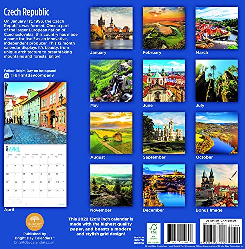 Calendario de pared 2022 de la República Checa por Bright Day, 30 x 30 cm, destino europeo de viaje