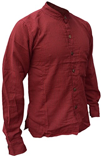 Camisas nepalesas de Little Kathmandu para hombres, de manga larga con botones y rayas Rojo rosso XXX-Large