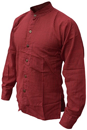 Camisas nepalesas de Little Kathmandu para hombres, de manga larga con botones y rayas Rojo rosso XXX-Large