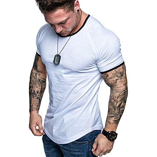 Camiseta casual de manga corta para hombre - Sudadera de verano de color sólido cuello redondo superior elástico transpirable ropa deportiva, blanco, M