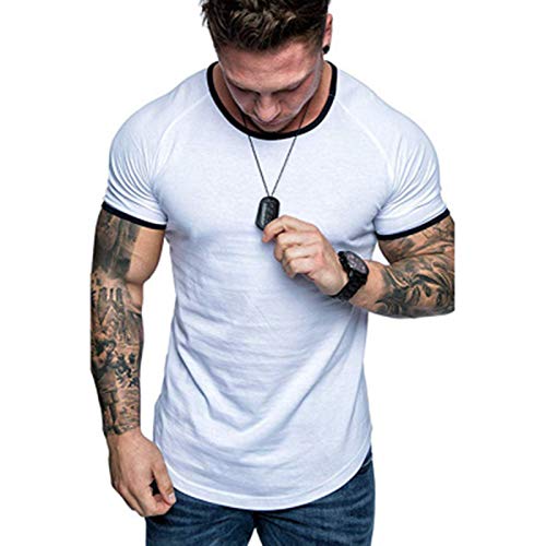Camiseta casual de manga corta para hombre - Sudadera de verano de color sólido cuello redondo superior elástico transpirable ropa deportiva, blanco, M