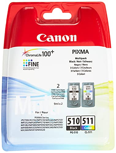 Canon PG-510+CL-511 Cartuchos de tinta BK+Tricolor para Impresora de Inyeccion de tinta Pixma iP2700-2702-MP230-240-250-252-260-270-280-480-490-492-495-499-MX320-330-340-350-360-410-420