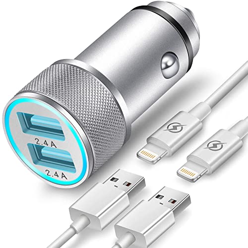 Cargador de Coche TIKALONG con 2 Cables Lightning, Enchufe USB de 2 Puertos para Mechero con LED, Adaptador de Móvil Teléfono de Metal 2,4A, Apto para iPhone 13/12/11/Pro Max/mini/SE/XS/XR/X/8/7 etc.