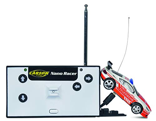 Carson 500404180 Nano Racer - Coche teledirigido (27 MHz, 100 % RTR, Incluye Vitrina de Almacenamiento), Color Naranja