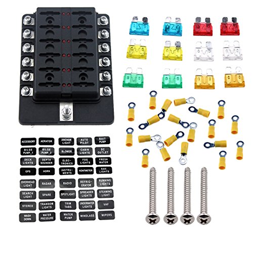 Carviya - Cajas de fusibles planos Ambuker de 6, 8, 10 o 12 vías con indicador LED, bloque de fusibles para automoción, con terminales de pala y kits de cableado