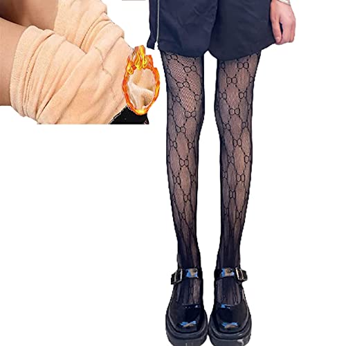 CHENTIAN Faux Transparent Fleece Tights, Women Fake Translucent Fleece Winter Tights, Fleece Grid Tights (220g,c)