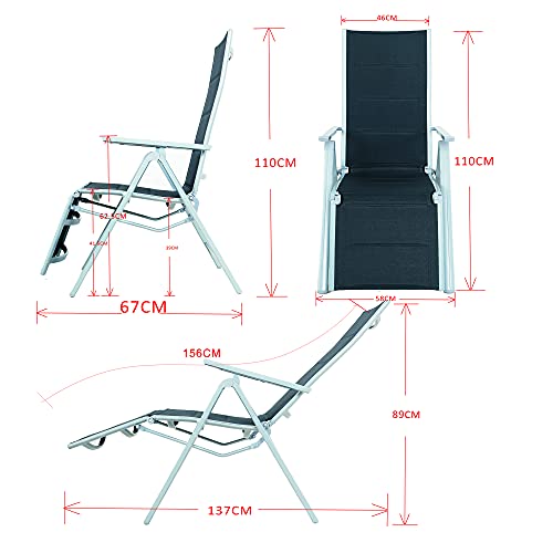 Chicreat - Silla de relax plegable, estructura de aluminio, Plateado/Negro, 67 x 58 x 110cm