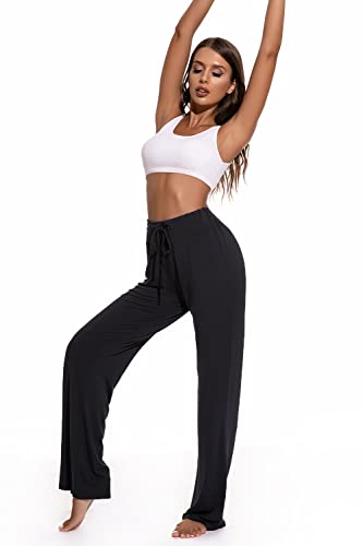 CMTOP Pantalones de Yoga Pilates para Mujer Modal Alta Cintura Elásticos Pierna Ancha Pantalones de Entrenamiento con cordón Casuales Chandal Deportivo para Yoga Jogger Fitness(Negro,XL)