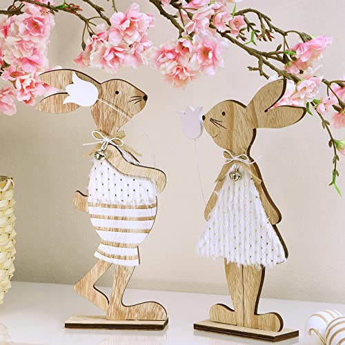com-four® 2X Soportes Decorativos de conejitos de Pascua para Pascua - Pareja de conejitos de Pascua de Madera para Colocar - Decoración de Pascua (2 Piezas - Blanco/marrón)