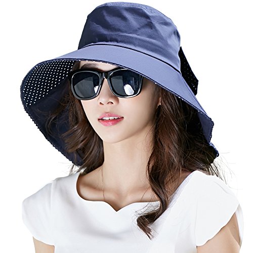 Comhats Algodon Sombreros Playa Mujer Verano Sombrero ala Ancha Sol Gorras y Sombreros protección UV UPF 50 Azul Oscuro