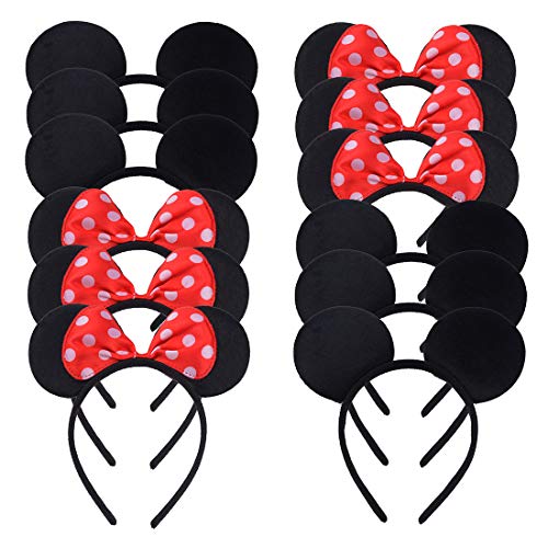 Conjunto de 12 Negro Rojo Diademas para cumpleaños Fiestas de Halloween Mamá Niños Niñas Sombrero de orejas de ratón precioso Decoraciones (Negro Rojo)