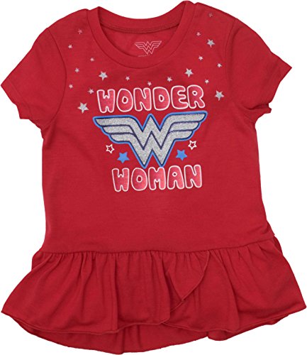 Conjunto de Wonder Woman con Mallas y Camiseta Túnica Asimétrica para Niña Pequeña, Rojo/Azul 2 Años