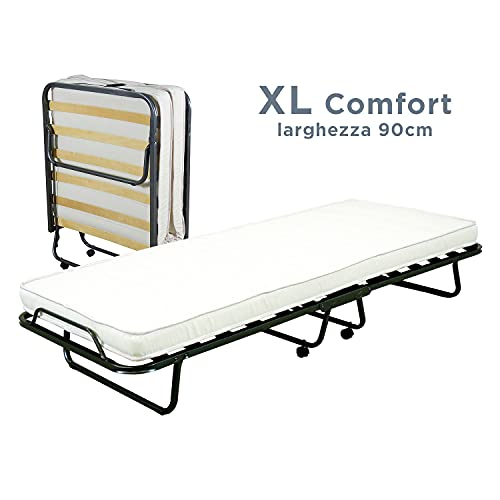 Cortassa - Cama plegable XL Comfort - Colchón de poliuretano de 10 cm de alto - Somier individual de listones de madera de 90 x 200 cm - Cama ahorra espacio con ruedas