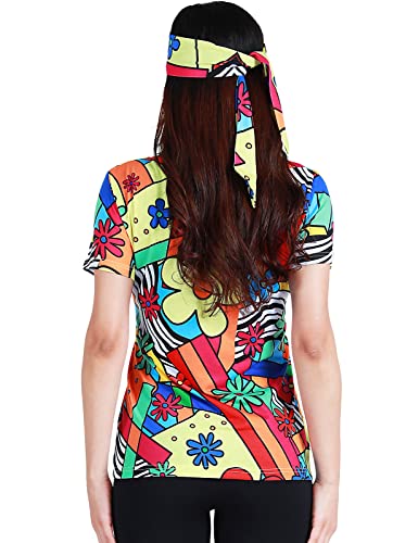 COSAVOROCK Disfraz años 70 Mujer Hippie Camiseta con Diadema Flores M