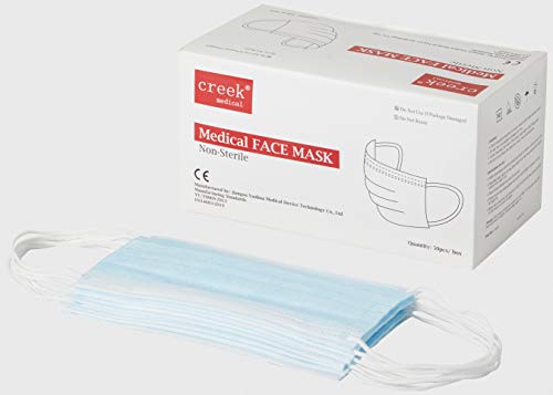 Creek medical Mascarilla Quirúrgica Médica Tipo I de 3 Capas, Verificada y Probada por CE, No Estéril (Paquete de 50 Máscaras)